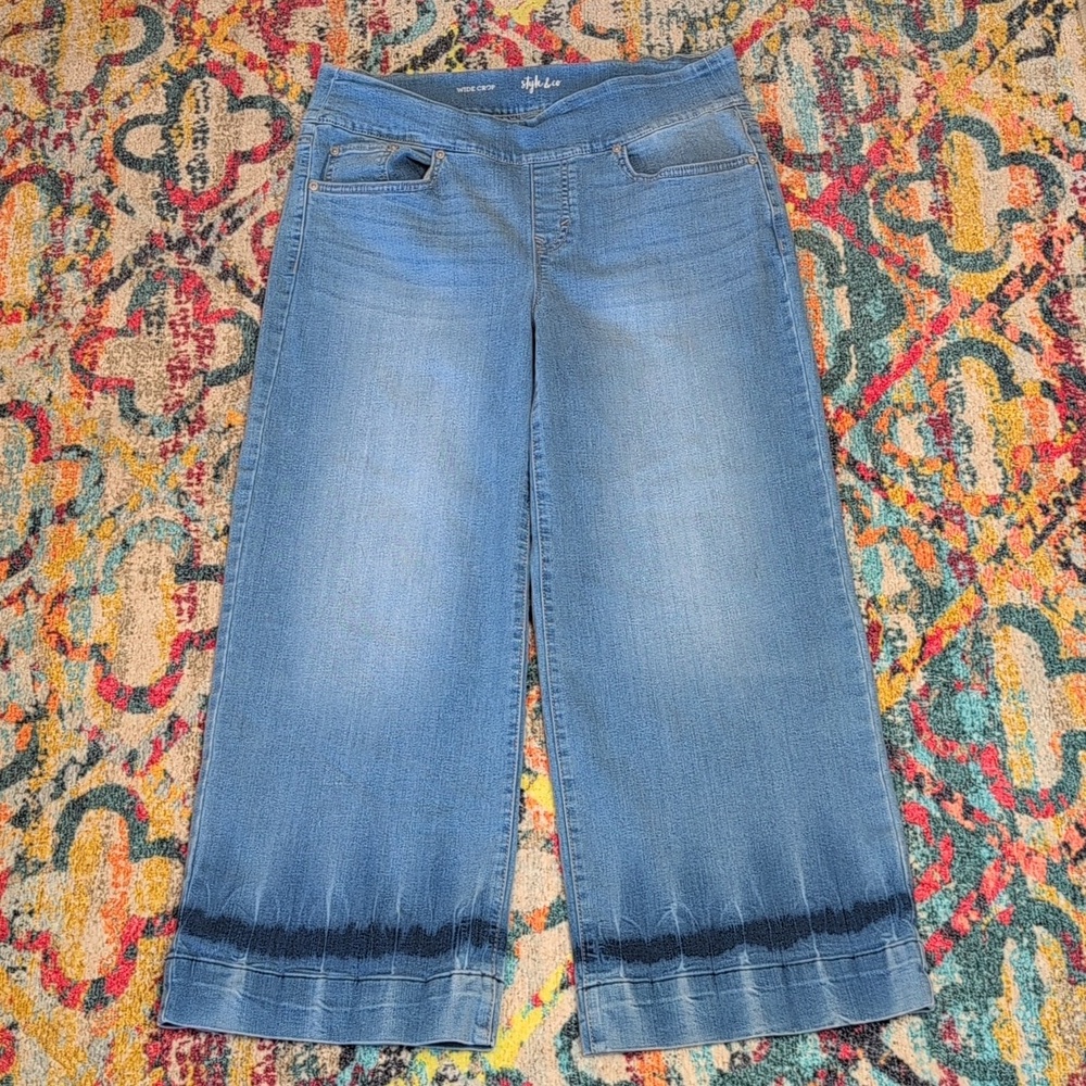 Style & Co Wide Crop pull on jeans with tie-dye detail at hem size M